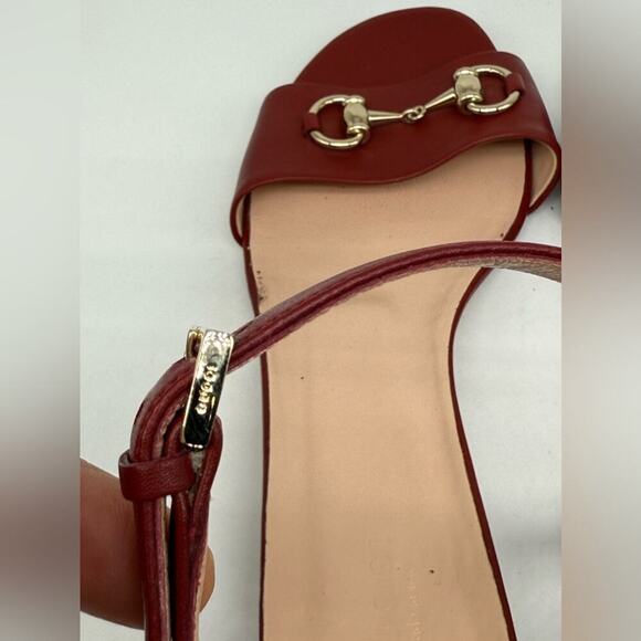 Gucci Burgundy red leather Horsebit ankle strap peep toe low heel sandals EU38.5 - Picture 6 of 11